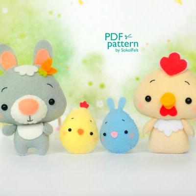 Cute Easter toy PDF patterns, Easter bunny, Chick and eggs sewing tutorials, felt animal pattern, Easter decoration