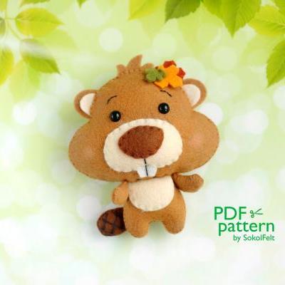 Beaver PDF pattern, Felt woodland animal plush toy sewing tutorial, Baby crib mobile toy, Beaver ornament.