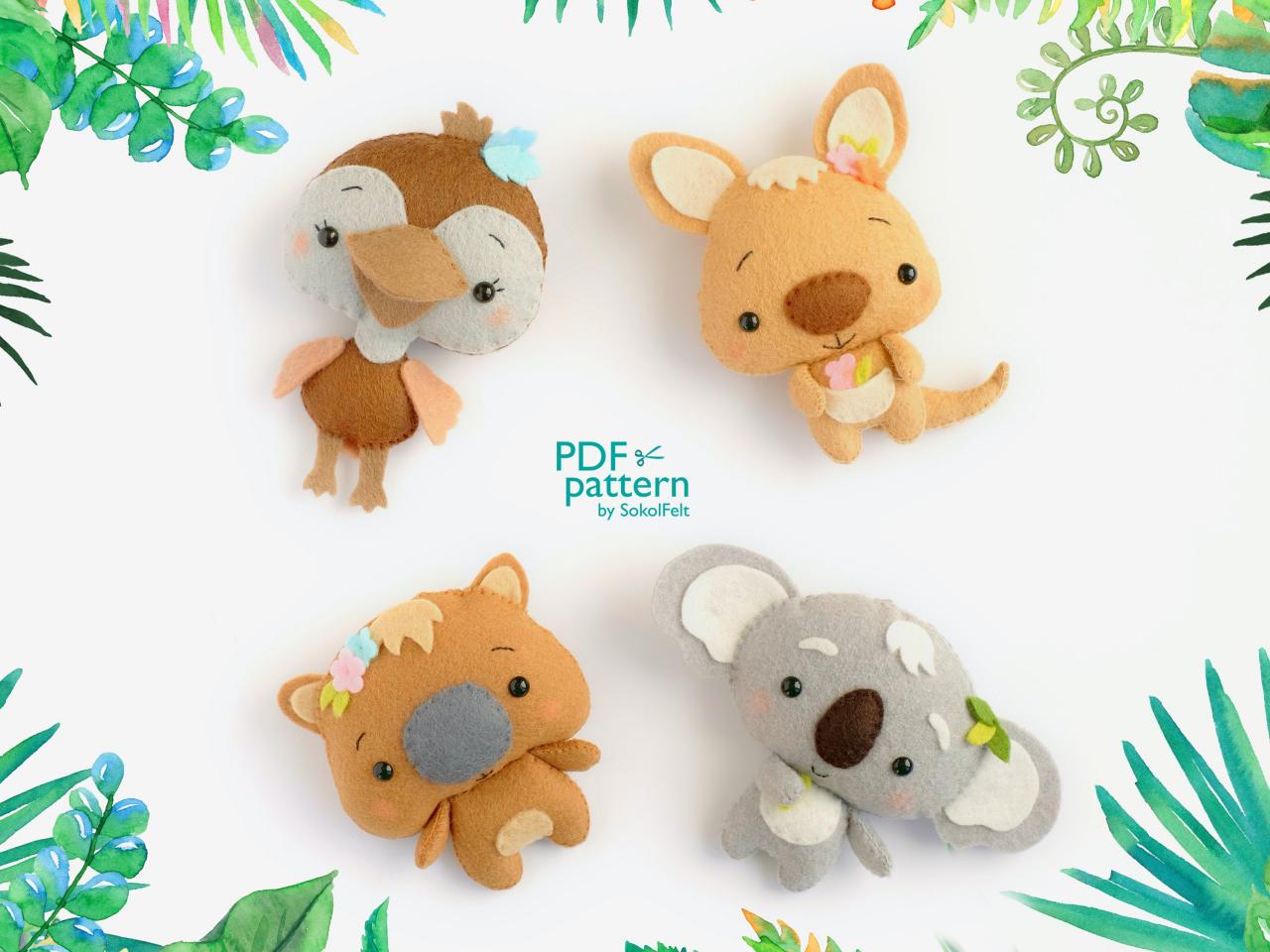 Set Of 4 Australian Animal Toy Pdf And Svg Patterns, Cute Felt Koala, Kangaroo, Emu And Wombat Plush Toys, Baby Crib Mobile Toys