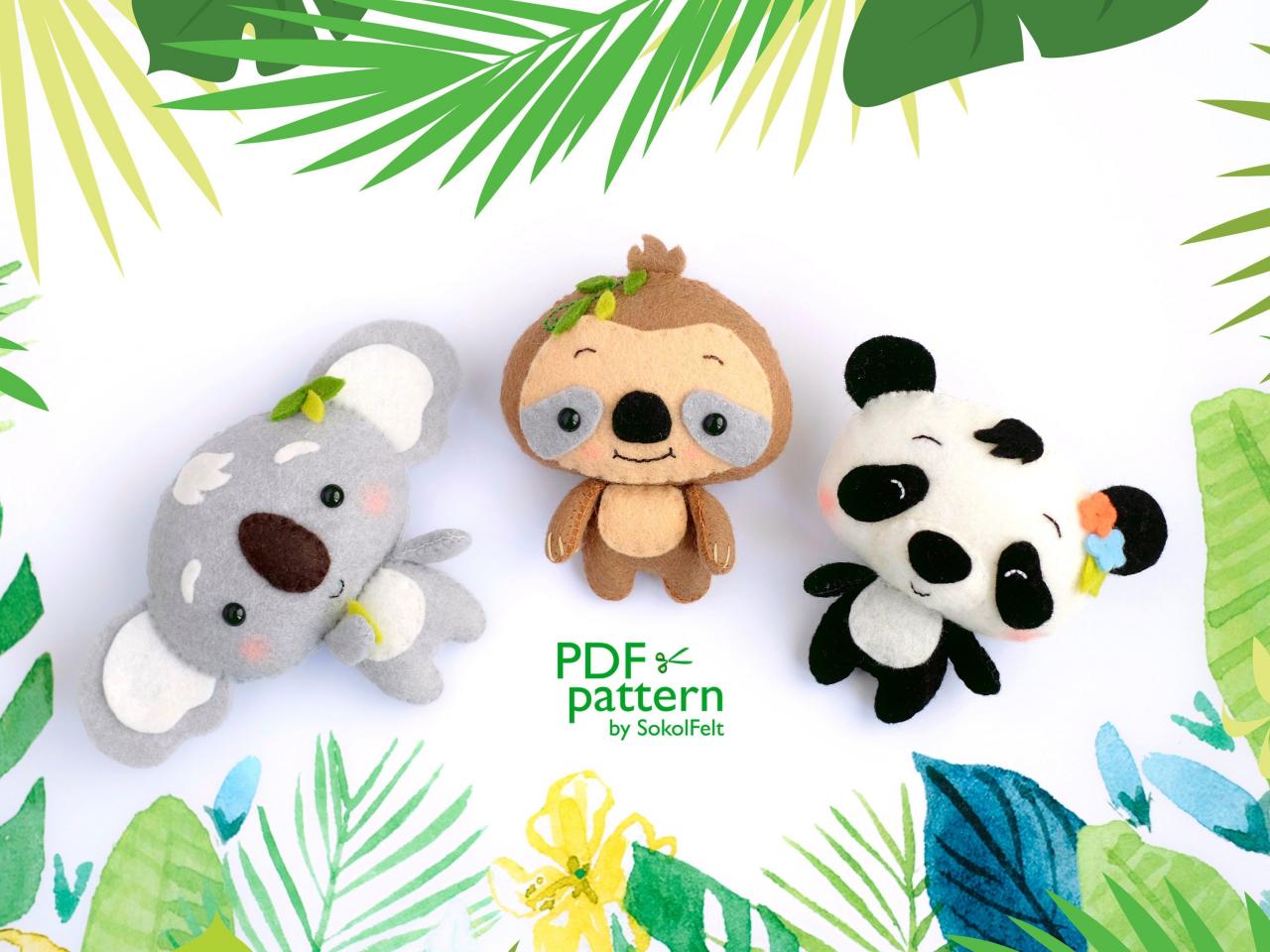 Set of 3 cute baby animal toy PDF and SVG patterns, Felt Koala, Sloth and Panda, Woodland animal plush toy, baby crib mobile toy