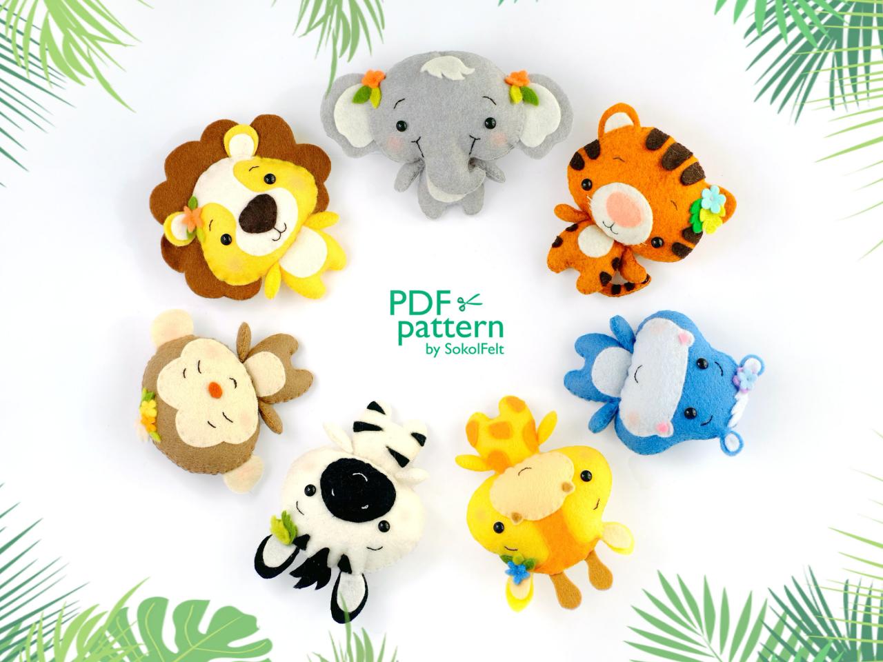 Set of 7 jungle animal toy PDF and SVG patterns, Tiger, Elephant, Hippo, Zebra, Giraffe, Monkey and Lion, Safari baby crib mobile