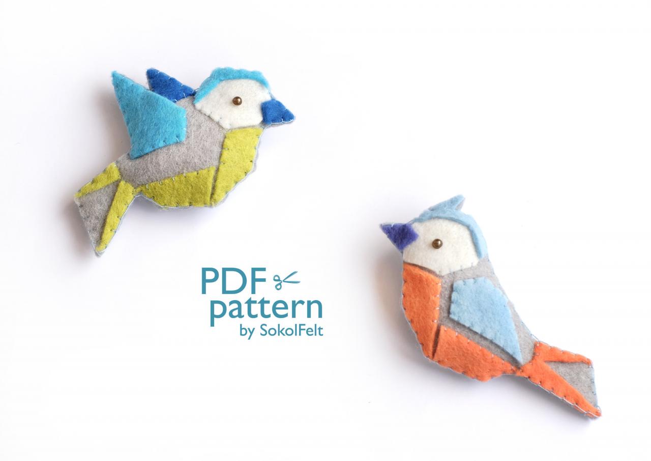 2 felt bird toys sewing PDF pattern, Felt bird brooch, Origami bird ornament, DIY easy hand sewing bird tutorial, Lovebirds, Tit, Bluebird