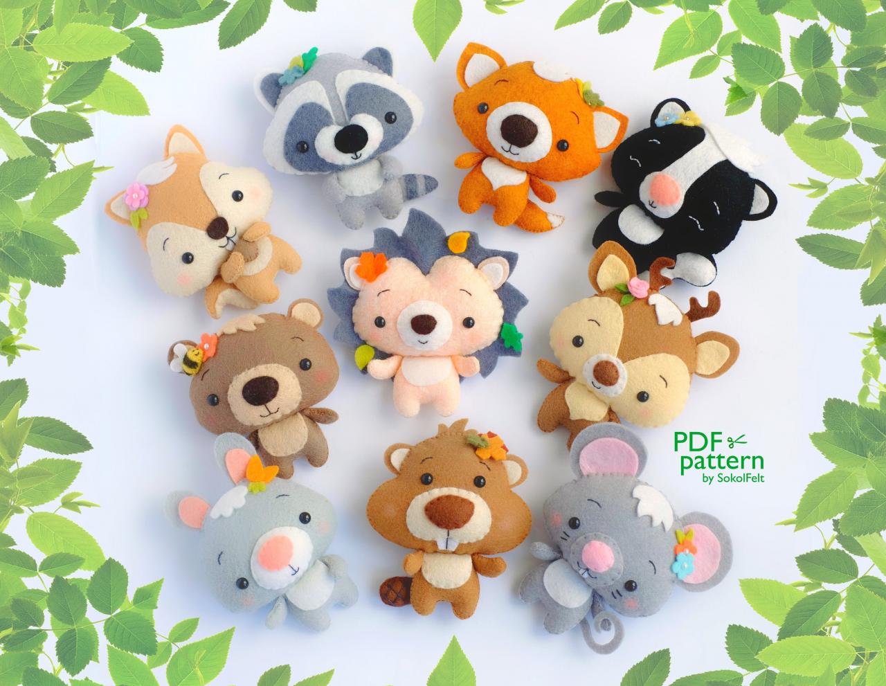 Set of 10 cute woodland animal felt toy sewing PDF and SVG patterns, Squirrel, Raccoon, Fox, Skunk, Bear, Hedgehog, Deer, Rabbit, Beaver