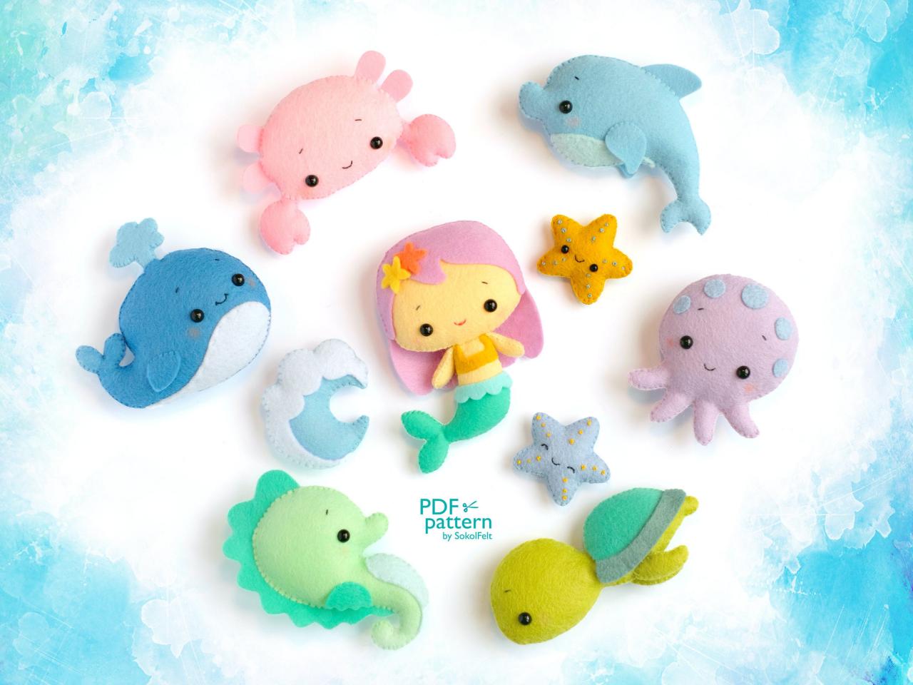 Sea Creatures Felt Toy Pdf And Svg Patterns, Sea Life Mobile, Mermaid, Whale, Seahorse, Octopus, Sea Turtle, Crab, Dolphin, Starfish, Wave