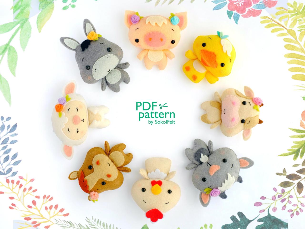 Set of 8 felt farm animal toys sewing PDF and SVG patterns, Chick, Goat, Duck, Horse, Pig, Cow, Donkey and Lamb, baby crib mobile toy