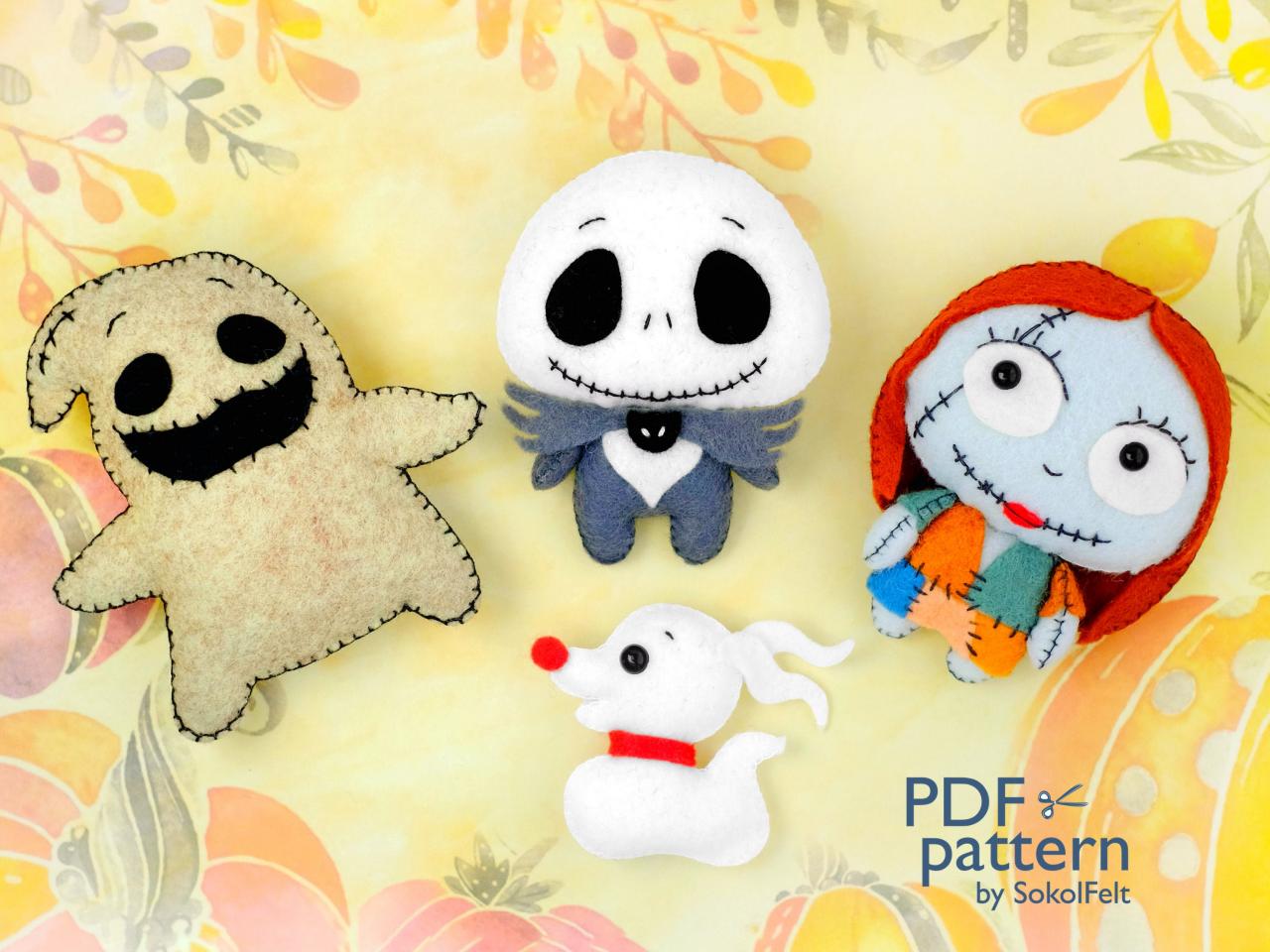 Set of 4 Halloween felt toy PDF and SVG patterns, Nightmare before Christmas, Jack Skellington, Sally, Oogie Boogie and Zero