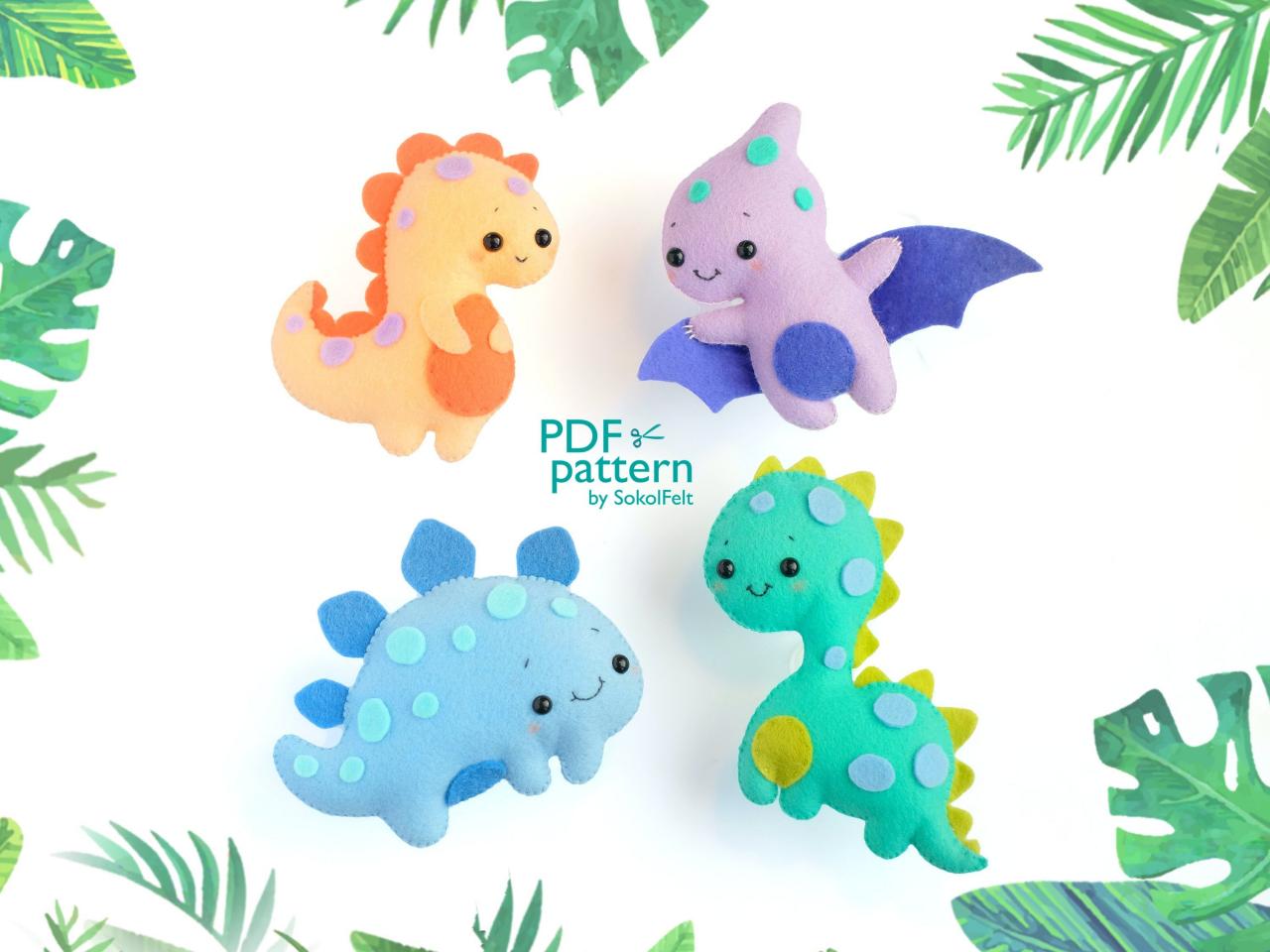 Set of 4 dinosaur felt toy PDF and SVG Patterns, Easy to make felt T-rex, Pterodactyl, Stegosaurus and Brontosaurus toys, baby crib mobile