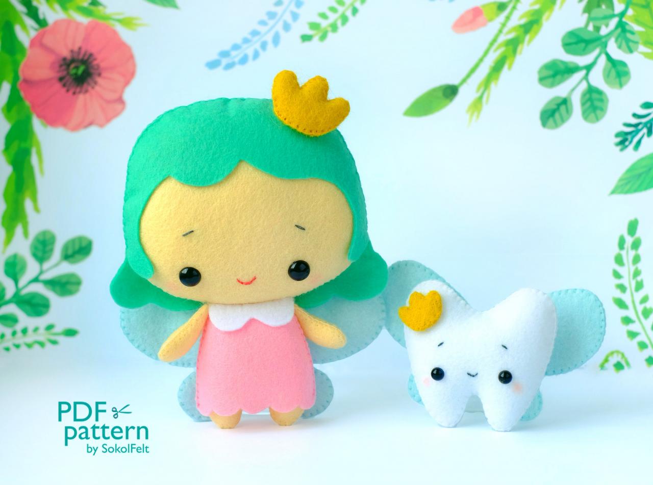 Tooth fairy with a tooth pillow felt toy sewing PDF patterns, DIY fairy plush toy, princess doll