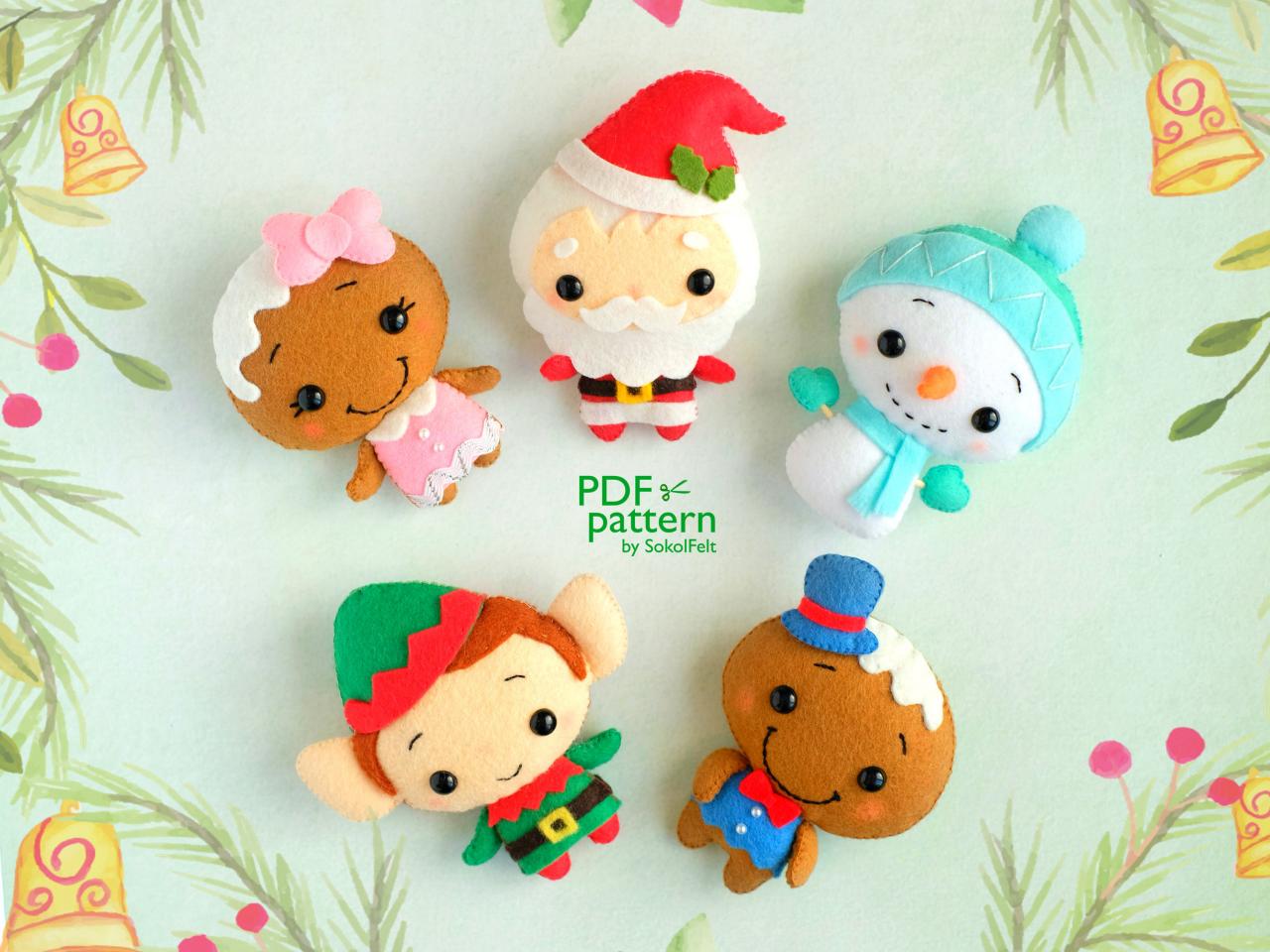 Set of Felt Christmas toy sewing PDF and SVG patterns, Santa, Elf, Snowman, Mr. and Mrs. Gingerbread plush ornaments, Felt baby mobile