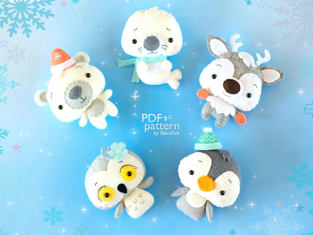 Set Of 5 Christmas Animal Toy Pdf And Svg Patterns, Winter Polar Animals, Felt Penguin, Owl, Reindeer, Seal And White Bear, Baby Mobile Toys