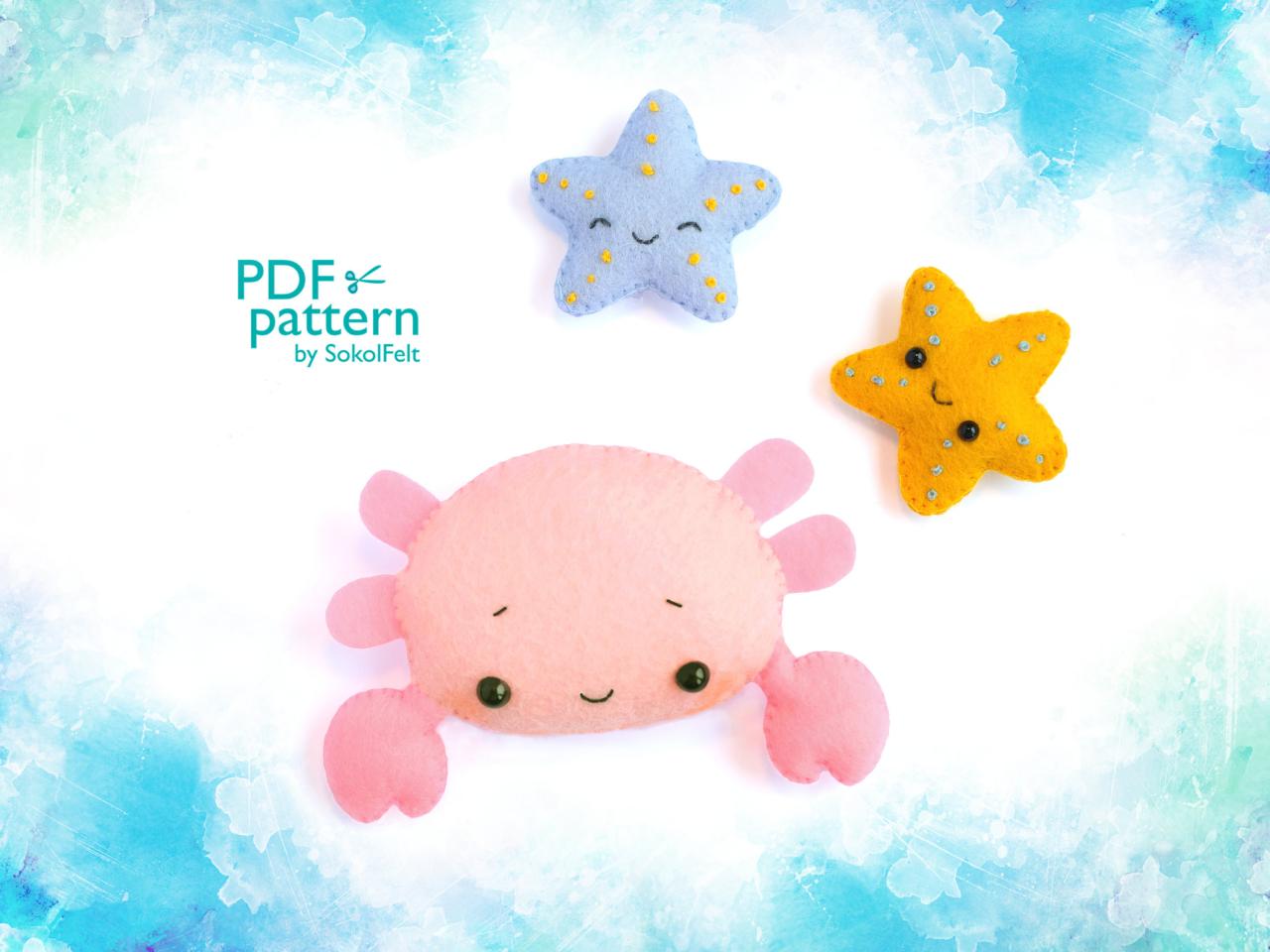Crab and Starfish toy sewing PDF Patterns, Felt Sea Ocean animal sewing tutorial, Sea Life baby crib mobile toy, Nautical nursery decoration