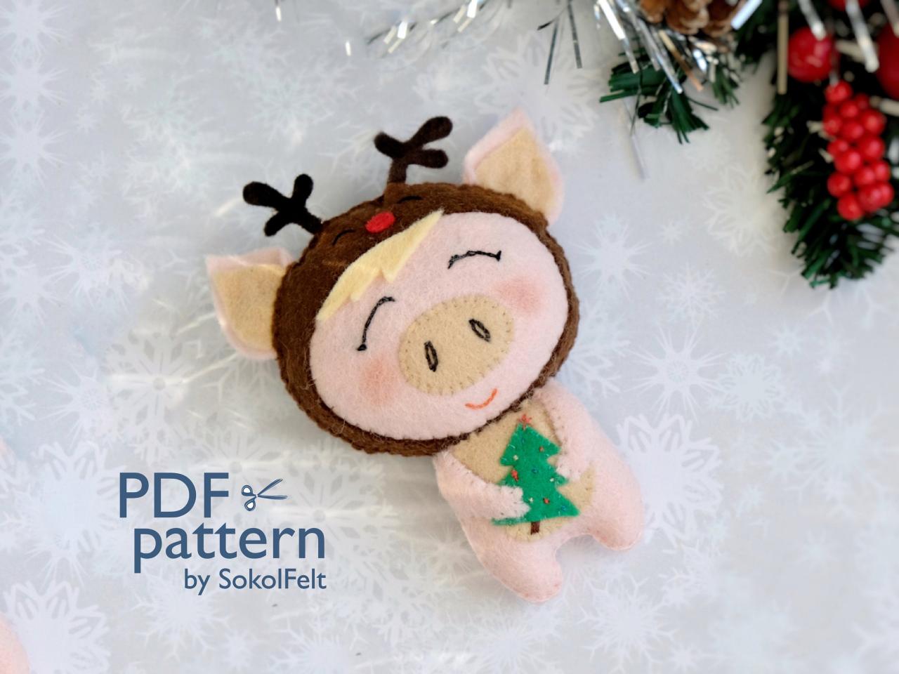 Felt Christmas pig toy sewing PDF pattern, Christmas piglet ornament, Baby first Christmas toy, Christmas tree ornament