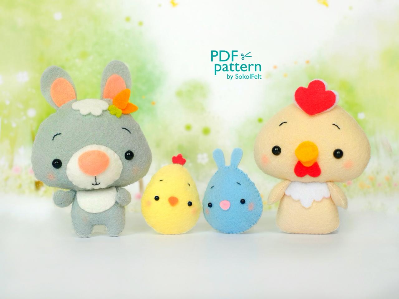 Cute Easter Toy Pdf Patterns, Easter Bunny, Chick And Eggs Sewing Tutorials, Felt Animal Pattern, Easter Decoration