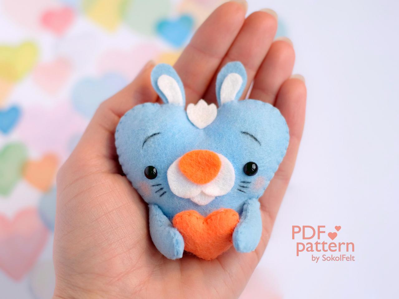 Felt Baby Rabbit Toy Sewing Pdf Pattern, Heart Shaped Animal Ornament, St. Valentines Pattern, Hare Sewing Digital Tutorial