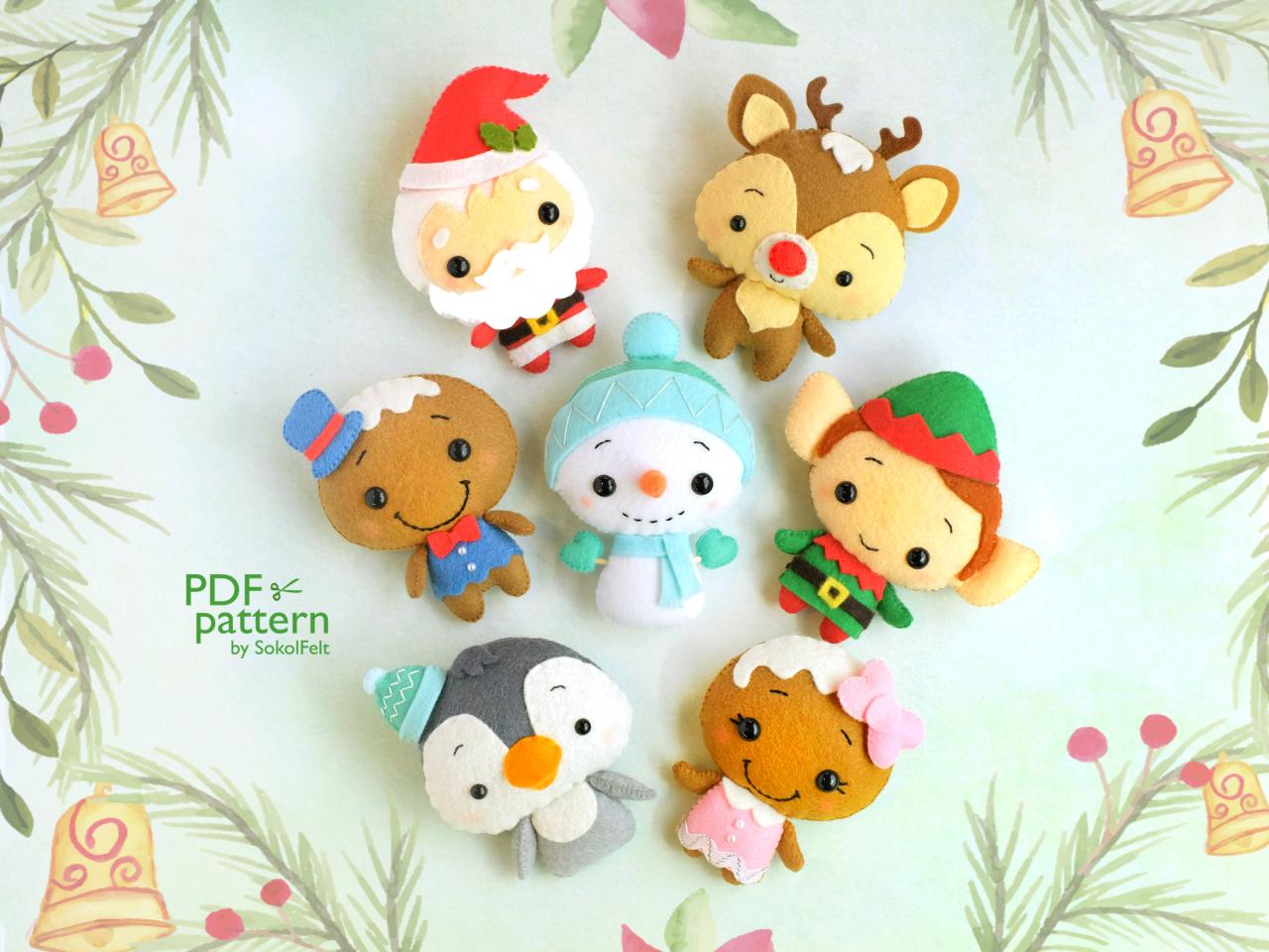 Set of 7 Felt Christmas toy sewing PDF and SVG patterns, Santa, Rudolph, Elf, Snowman, Mr. and Mrs. Gingerbread and Penguin Felt baby mobile
