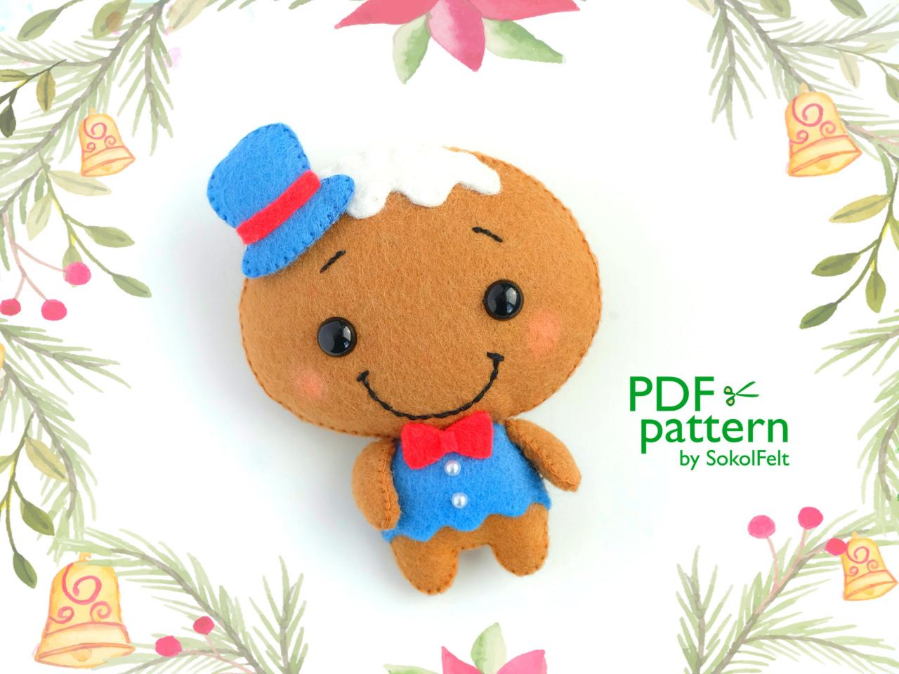 Felt Mr. Gingerbread toy PDF pattern, Christmas Gingerbread man sewing digital tutorial, Christmas tree toy ornament, baby crib mobile toy