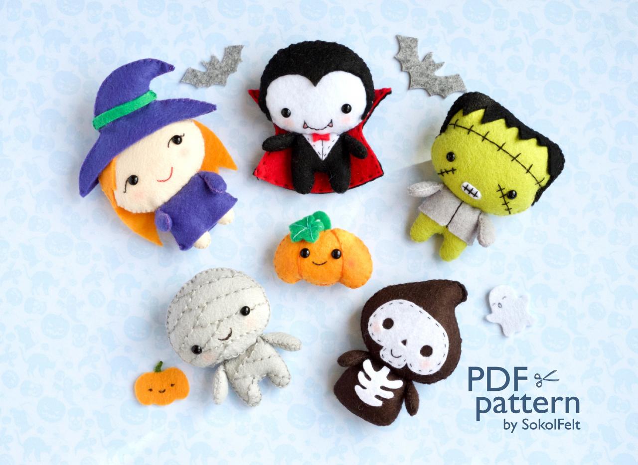 Easy to make Halloween toys sewing PDF pattern, felt vampire, death, mummy, witch, Frankenstein, pumpkin softies, felt monster ornaments