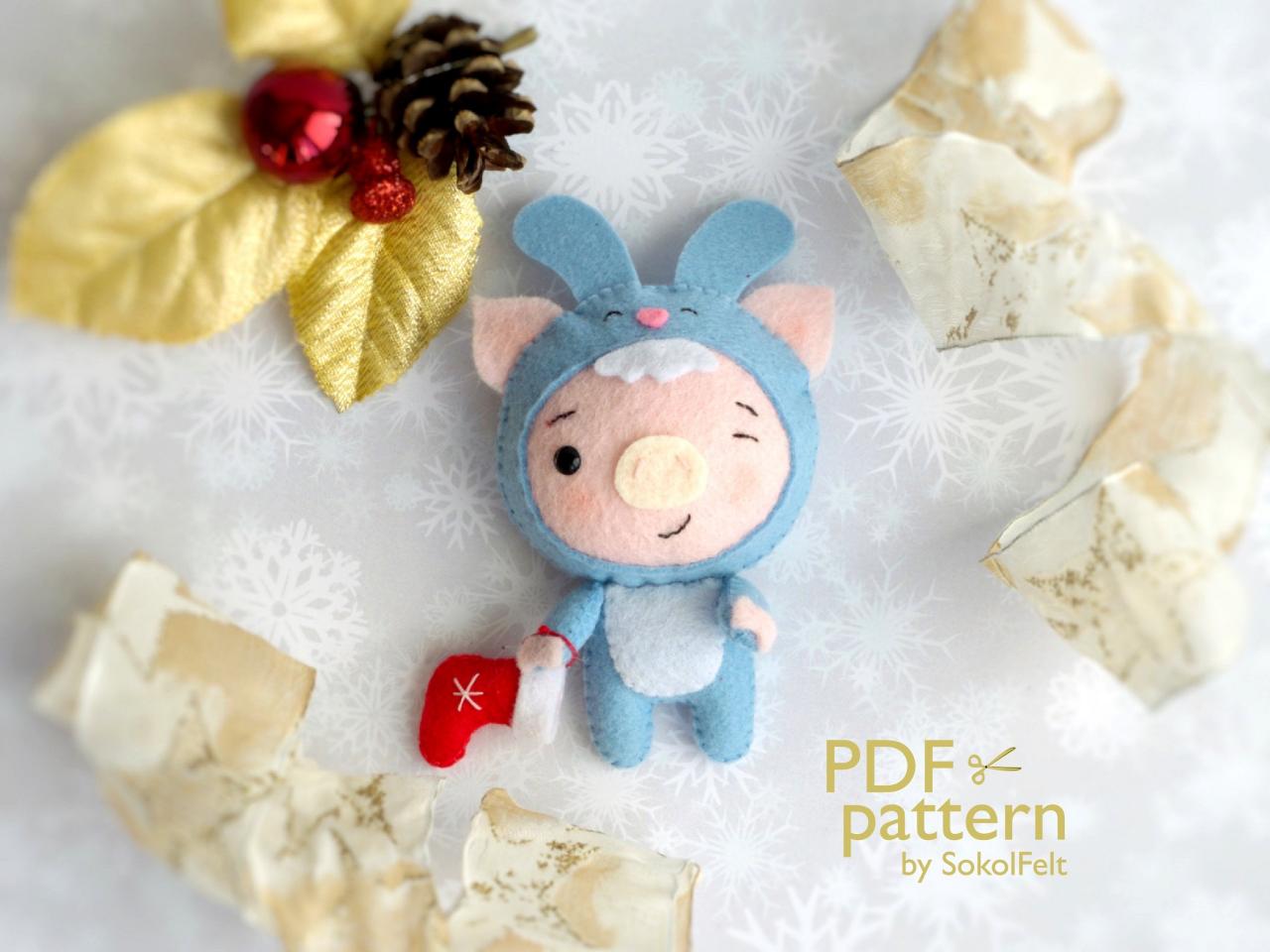 Christmas Pig Sewing Pdf Pattern, Felt Christmas Piglet In A Bunny Costume, Baby Crib Mobile Toy