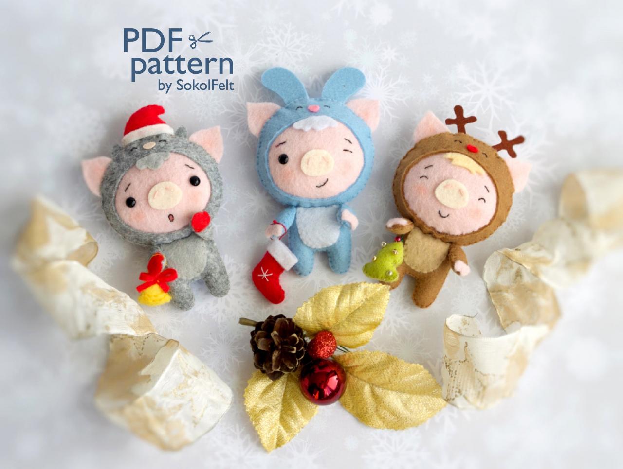 Felt Christmas Pig toys sewing PDF patterns, Pig ornament set, Piglet pattern for baby crib mobile, Baby ornaments, Pig lover gift