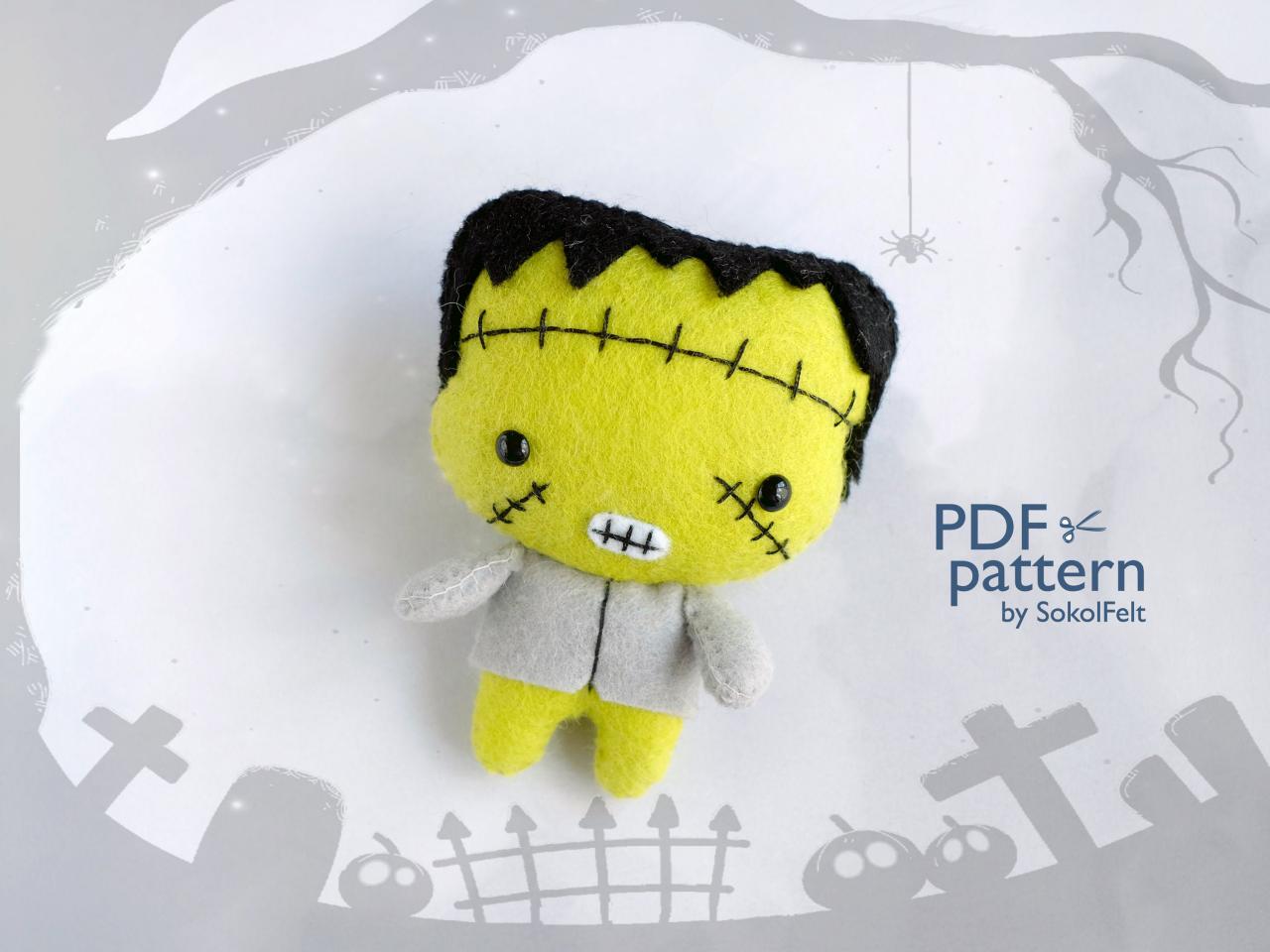 Felt Frankenstein toy sewing PDF pattern, Easy to make Halloween toy, Felt monster ornament, DIY halloween toy, Baby first Halloween