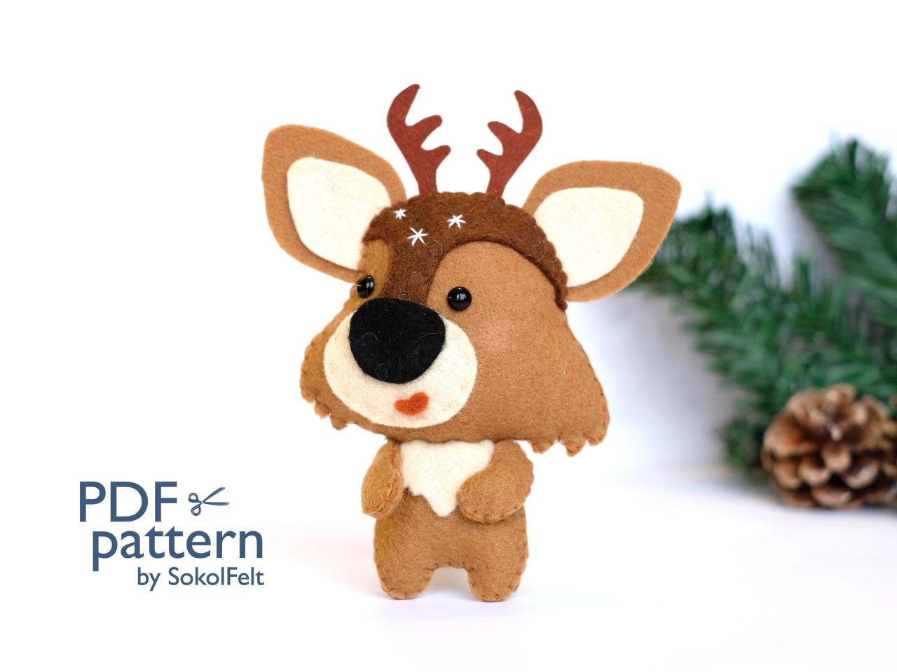 Felt reindeer toy sewing PDF pattern, Felt reindeer ornament, felt woodland animal, Felt Christmas ornament, DIY Rudolf deer toy