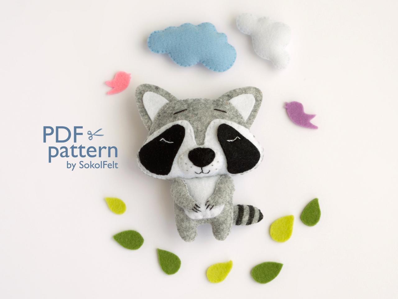 Felt raccoon toy sewing PDF pattern, Felt woodland animal pattern, baby crib mobile toy, felt raccoon ornament