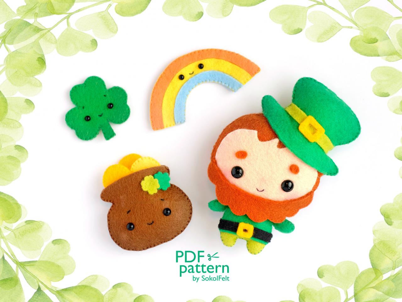 St. Patrick's day felt ornament sewing PDF Patterns, Leprechaun, Clover, Pot with gold, Rainbow, St. Patrick's Day decor