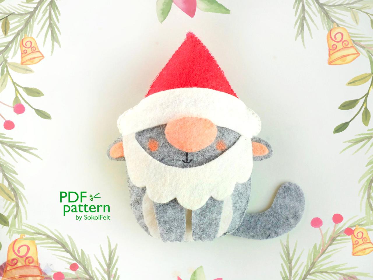 Felt Santa cat toy sewing PDF pattern, Christmas gnome felt ornament, Christmas tree cat ornament, baby crib mobile toy