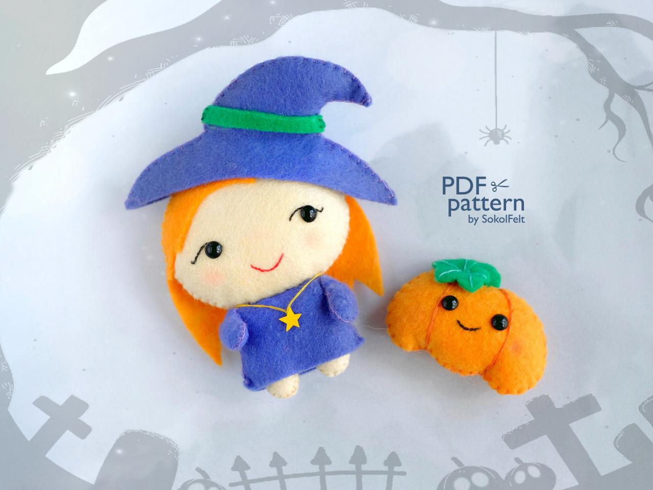 Felt Witch Toy Sewing Pdf Pattern, Easy To Make Halloween Toy, Felt Witch Ornament, Diy Halloween Doll, Felt Pumpkin Softie