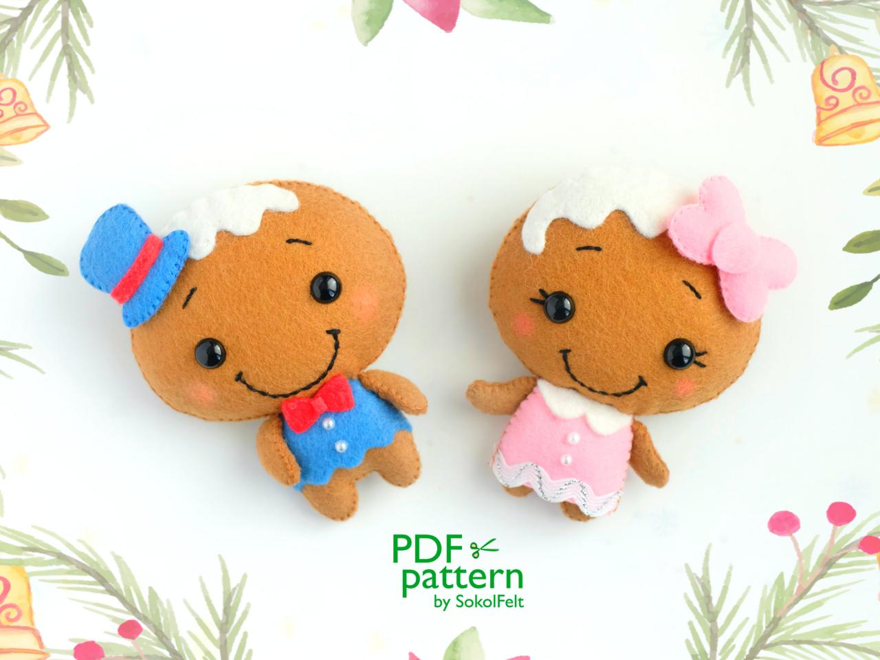 Felt Mr. and Mrs. Gingerbread toy PDF patterns, Christmas Gingerbread man sewing digital tutorial, Christmas tree toy, baby crib mobile toy