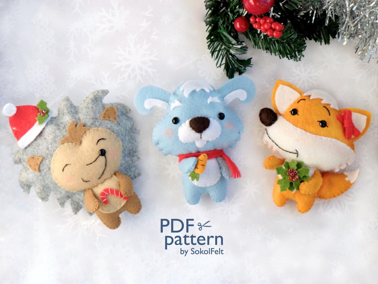 Felt Christmas woodland animal toys sewing PDF pattern, hedgehog, bunny and fox ornaments, Christmas tree felt ornament set, nursery decor