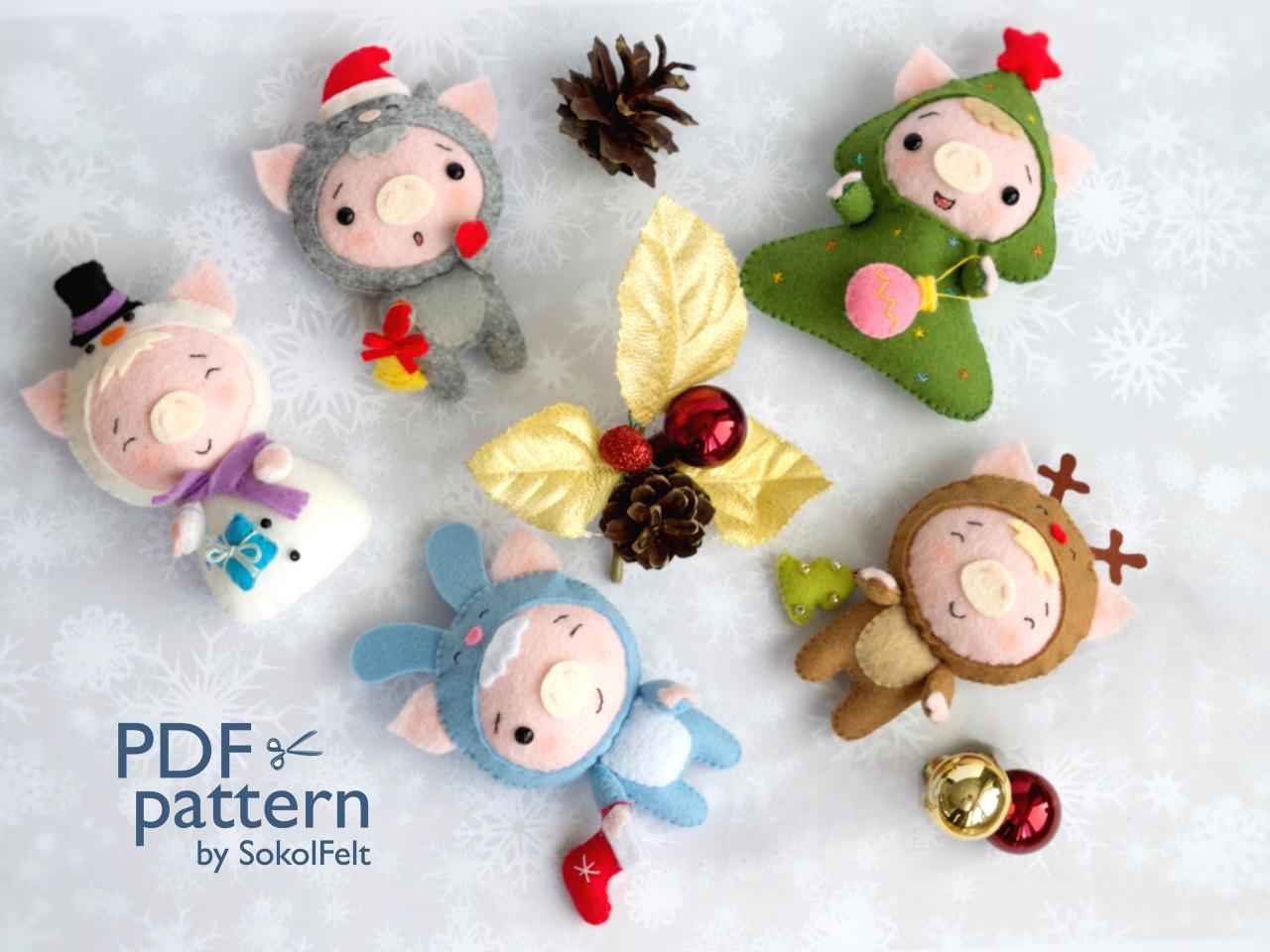 Set Of 5 Christmas Pig Toy Sewing Pdf Patterns, Pig Ornament Set, Piglet Pattern For Baby Crib Mobile, Christmas Pig Ornaments