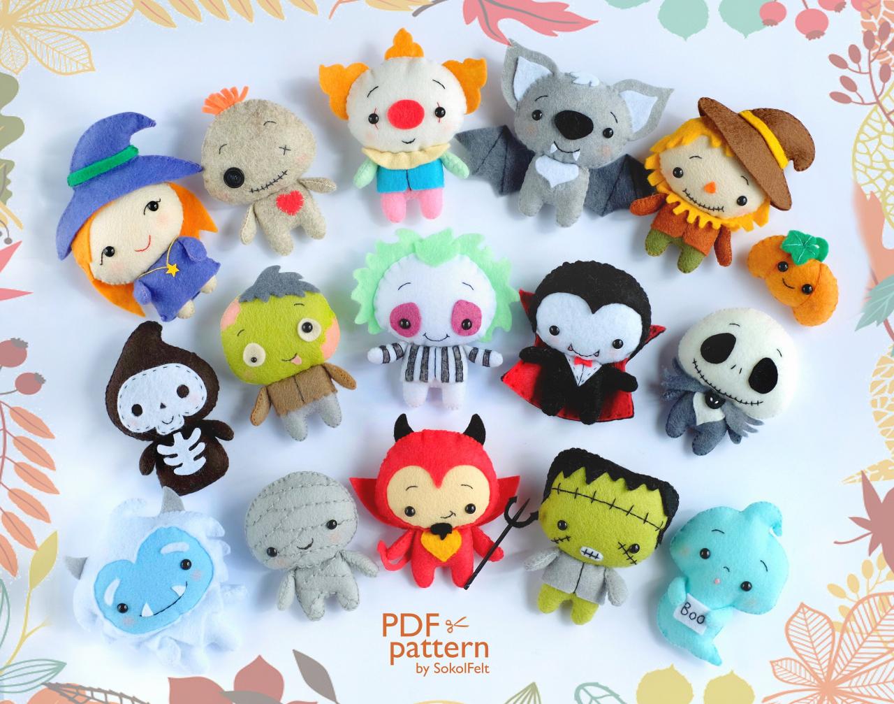 Set of 15 Felt Halloween toy sewing PDF and SVG Patterns, Easy to make ornaments, Vampire, Devil, Beetlejuice, Ghost, Zombie, Scarecrow.