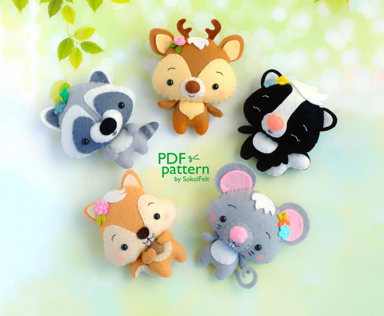 Set Of 5 Felt Woodland Animal Pdf Patterns, Deer, Skunk, Mouse, Squirrel, Raccoon Plush Toy Sewing T on Luulla for Free Printable Felt Animal Patterns