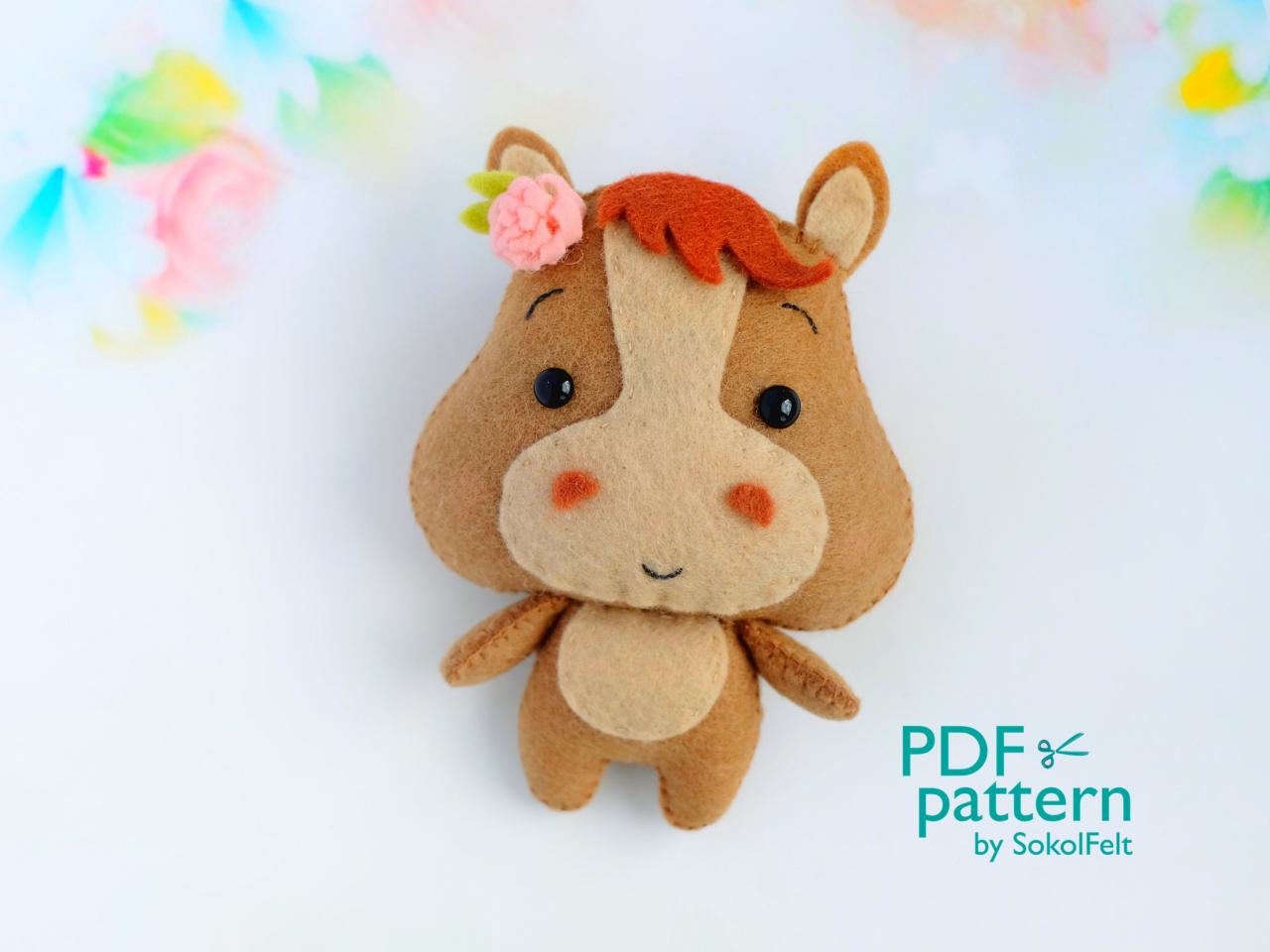 Felt baby horse toy sewing PDF pattern, Cute farm animal, Felt foal digital instant download tutorial, Baby crib mobile toy.