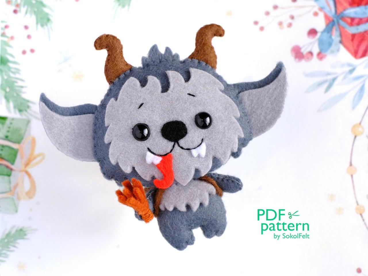 Krampus felt toy sewing PDF and SVG pattern, Christmas demon, Christmas tree plush ornament, baby crib mobile toy