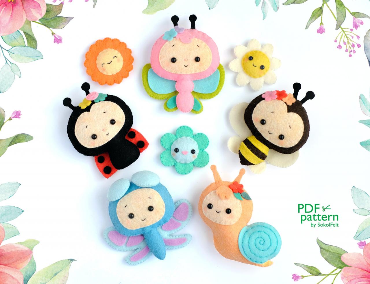 Little Bugs And Flowers, Felt Toy Sewing Pdf And Svg Patterns, Butterfly, Bee, Ladybug, Dragonfly, Snail, Baby Crib Mobile, Diy Felt Garland