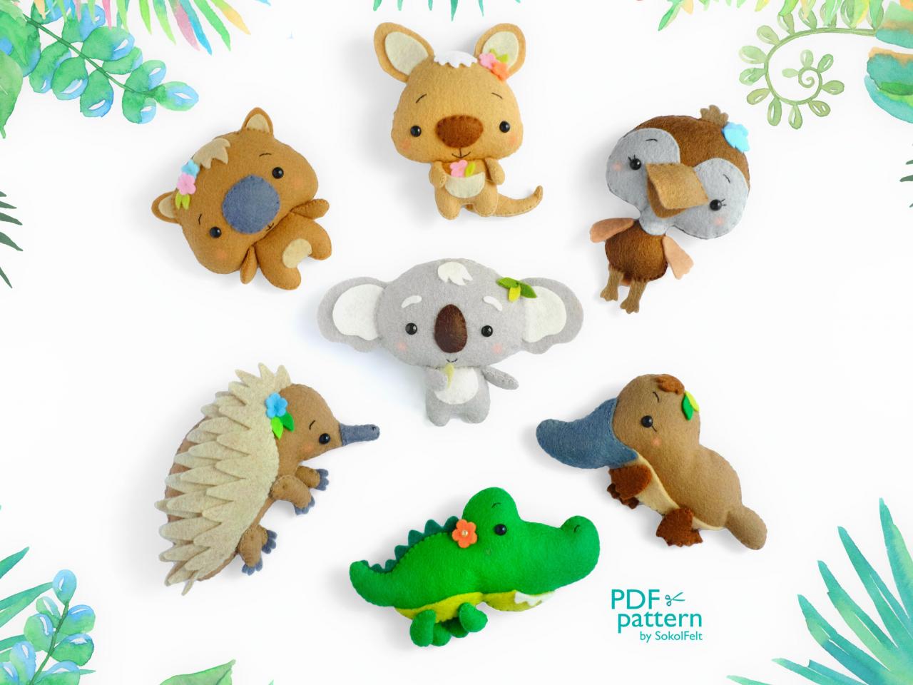 Australian Animals Felt Toy Pdf And Svg Patterns, Koala, Kangaroo, Echidna, Crocodile, Platypus, Emu And Wombat, Baby Crib Mobile Plush Toys