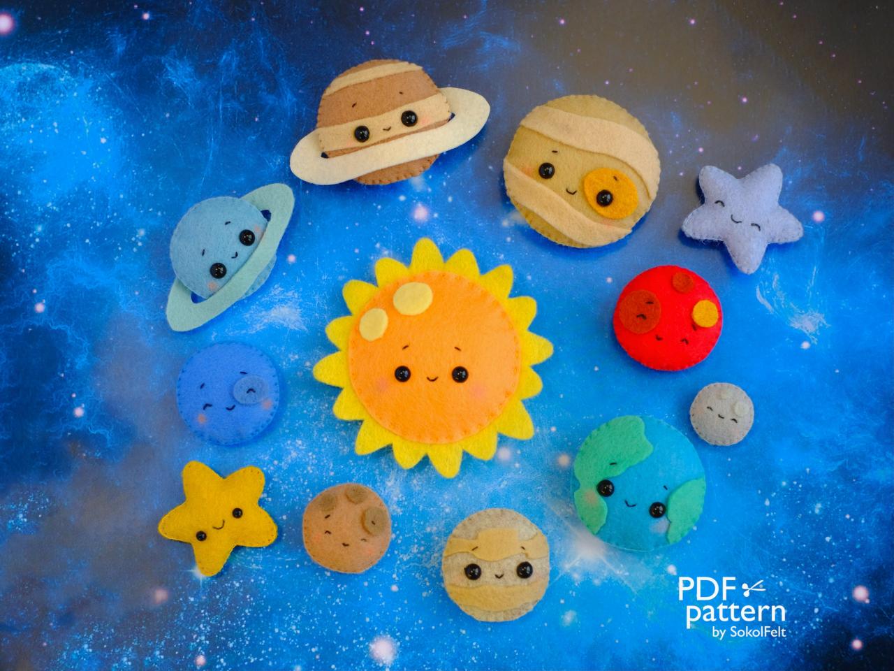 Felt Solar System Toy Pdf And Svg Patterns, Sun, Earth, Moon, Mars, Venus, Jupiter, Mercury, Neptune, Space Ornaments, Baby Crib Mobile Toy