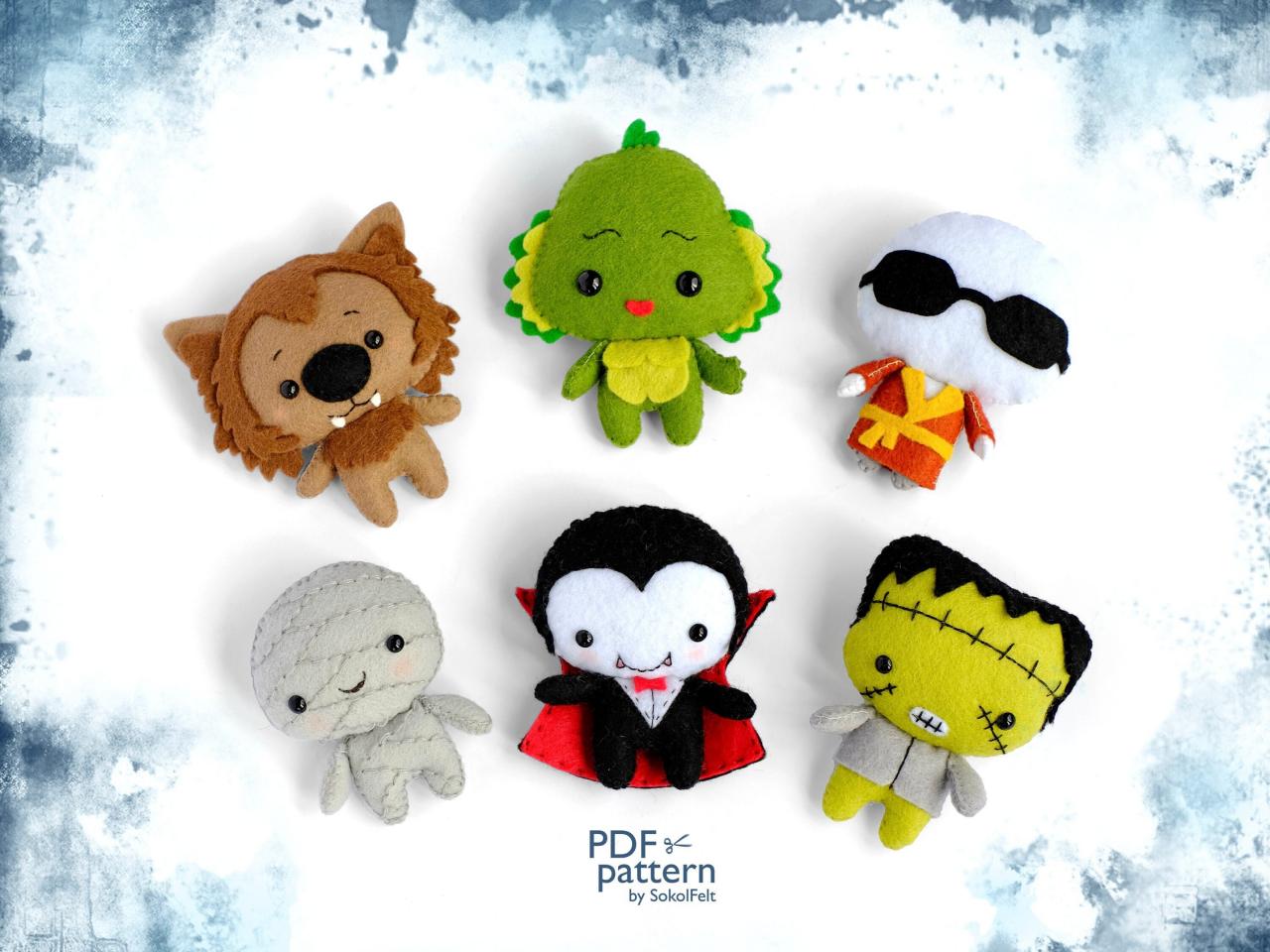 Classic Horror Movie Monsters, Felt Toy Sewing Pdf And Svg Patterns, Dracula, Werewolf, Mummy, Frankenstein, Invisible Man, Creature