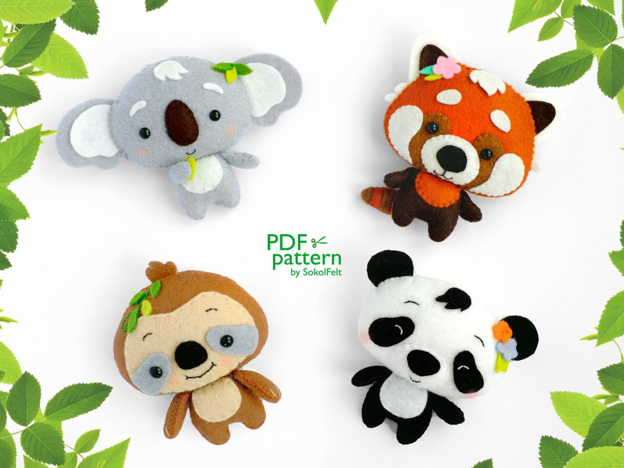 Cute felt baby animals, toy sewing PDF and SVG patterns, Panda, Koala, Sloth and Red panda, Woodland animal plush toys, baby crib mobile toy