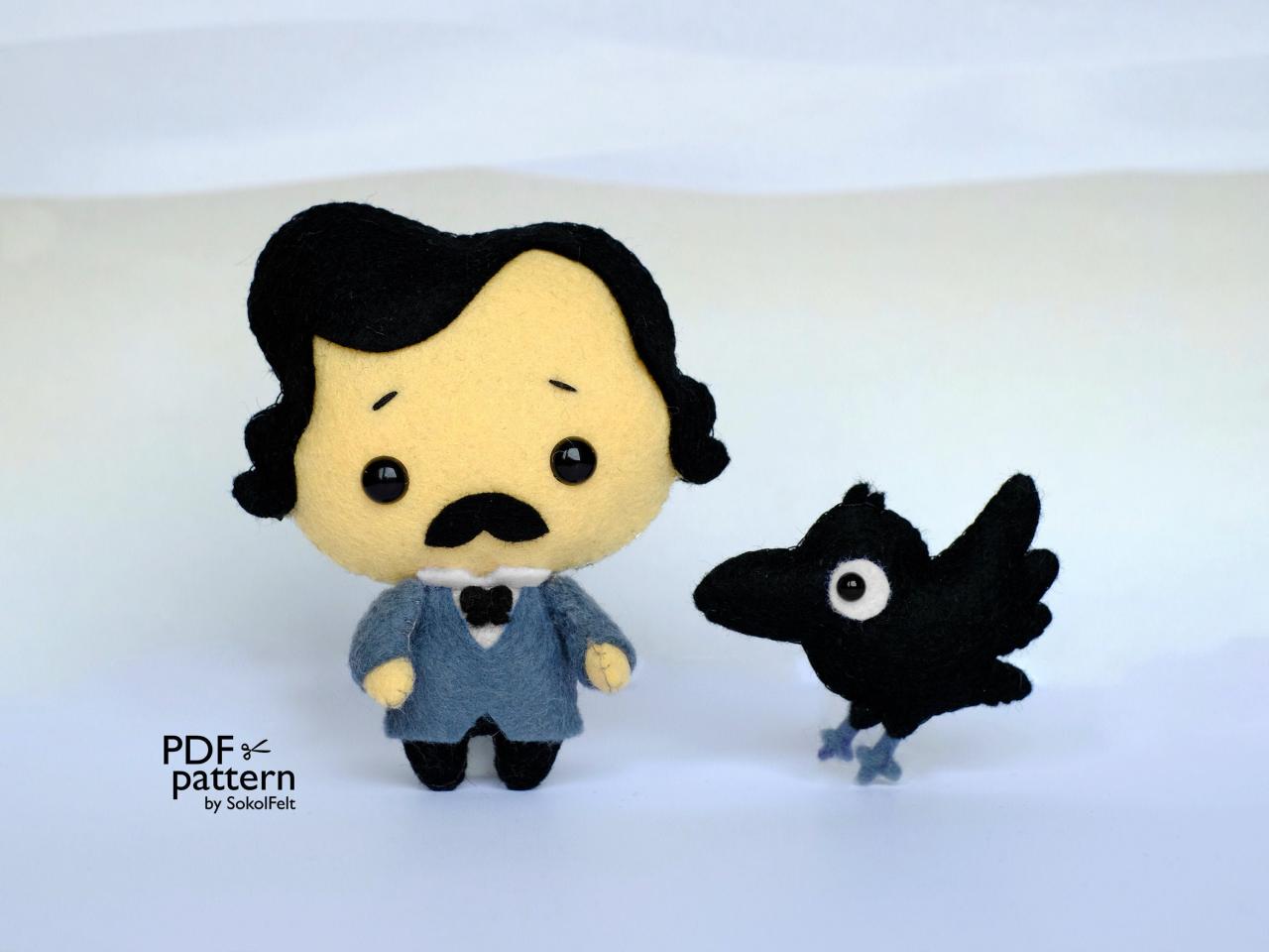 Edgar Poe And The Raven Felt Toy Pdf And Svg Patterns, Nevermore, Plush Toy Sewing Pdf Tutorial