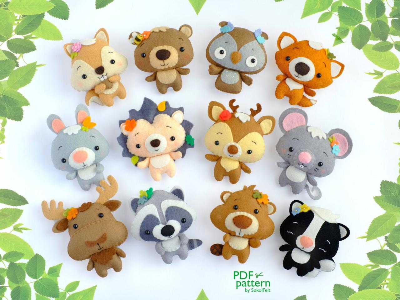 Set Of 12 Cute Woodland Animal Felt Toy Sewing Pdf And Svg Patterns, Squirrel, Raccoon, Fox, Skunk, Bear, Hedgehog, Deer, Rabbit, Beaver