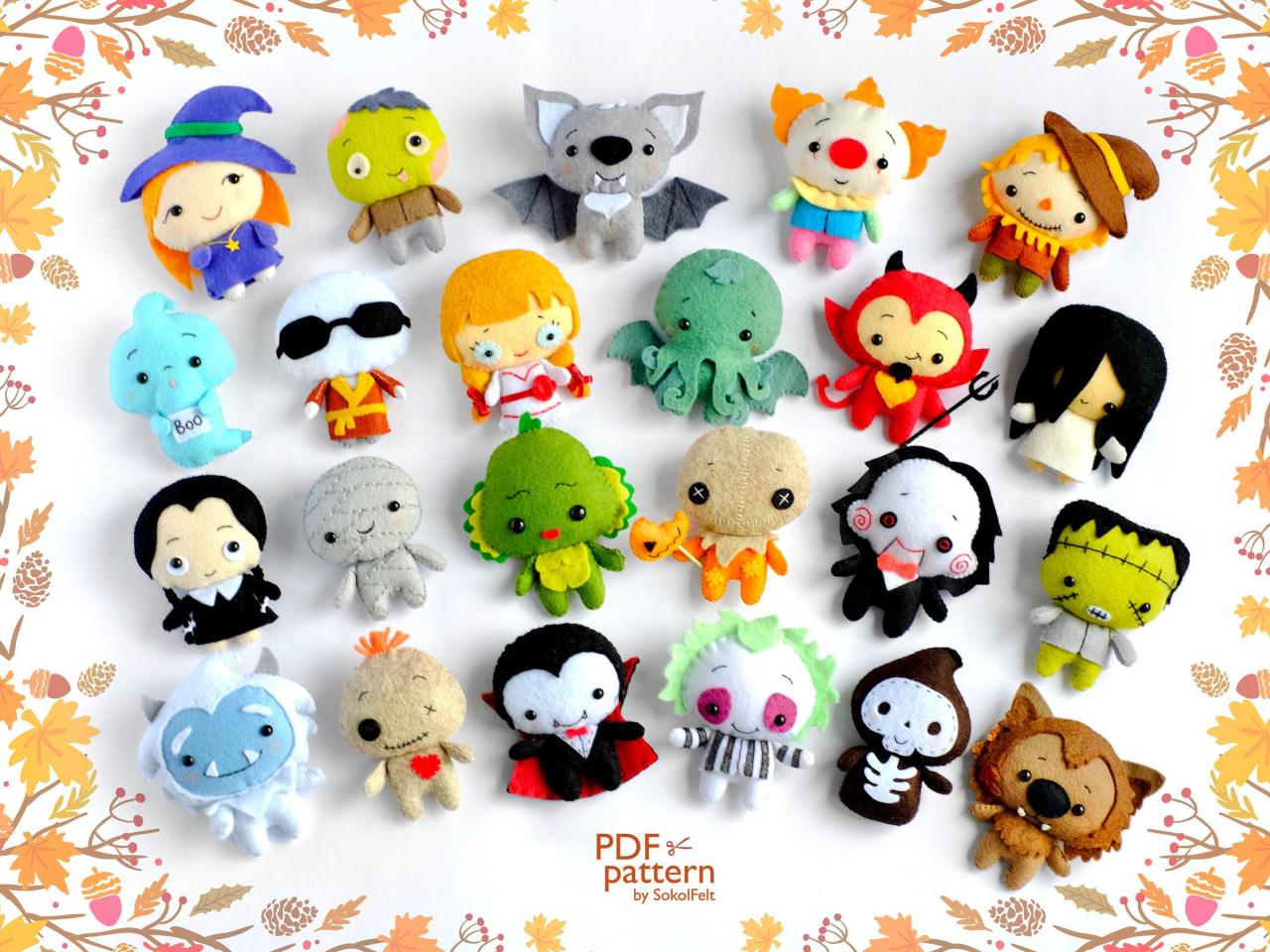 Felt Halloween Toys Sewing Pdf And Svg Patterns, Set Of 23, Easy To Make Plush Toys, Halloween Tree Decor, Halloween Garland