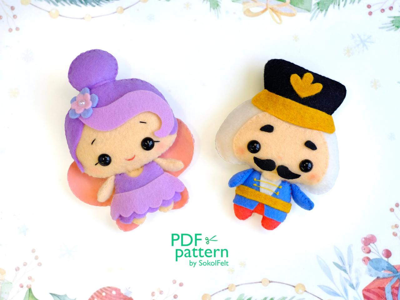 Nutcracker and Sugar plum fairy felt toy sewing PDF and SVG patterns, Christmas tree plush ornament, baby crib mobile toy