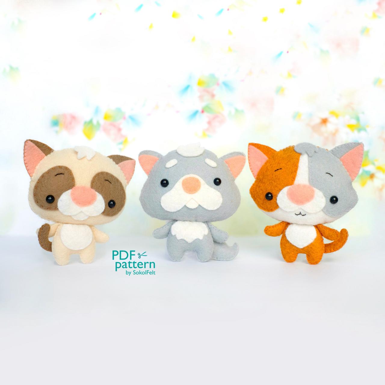 Three cute cats felt toy sewing PDF and SVG patterns, Persian, Ragdoll and Calico kittens plush toy, Felt pet pattern, Baby crib mobile toy