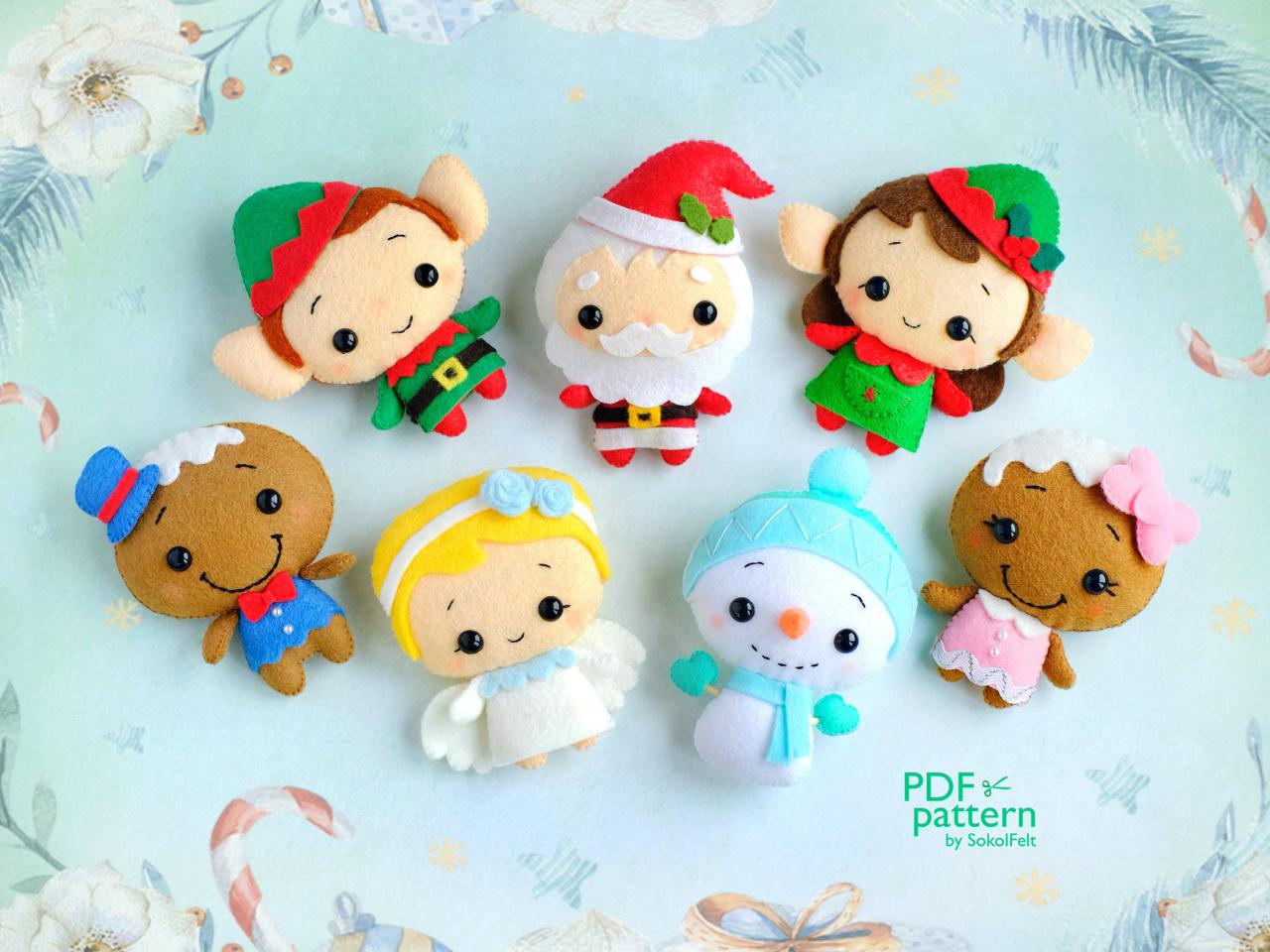 Set of 7 Felt Christmas toy sewing PDF and SVG patterns, Santa, Angel, Elf boy and girl, Snowman, Mr. and Mrs. Gingerbread, Felt baby mobile