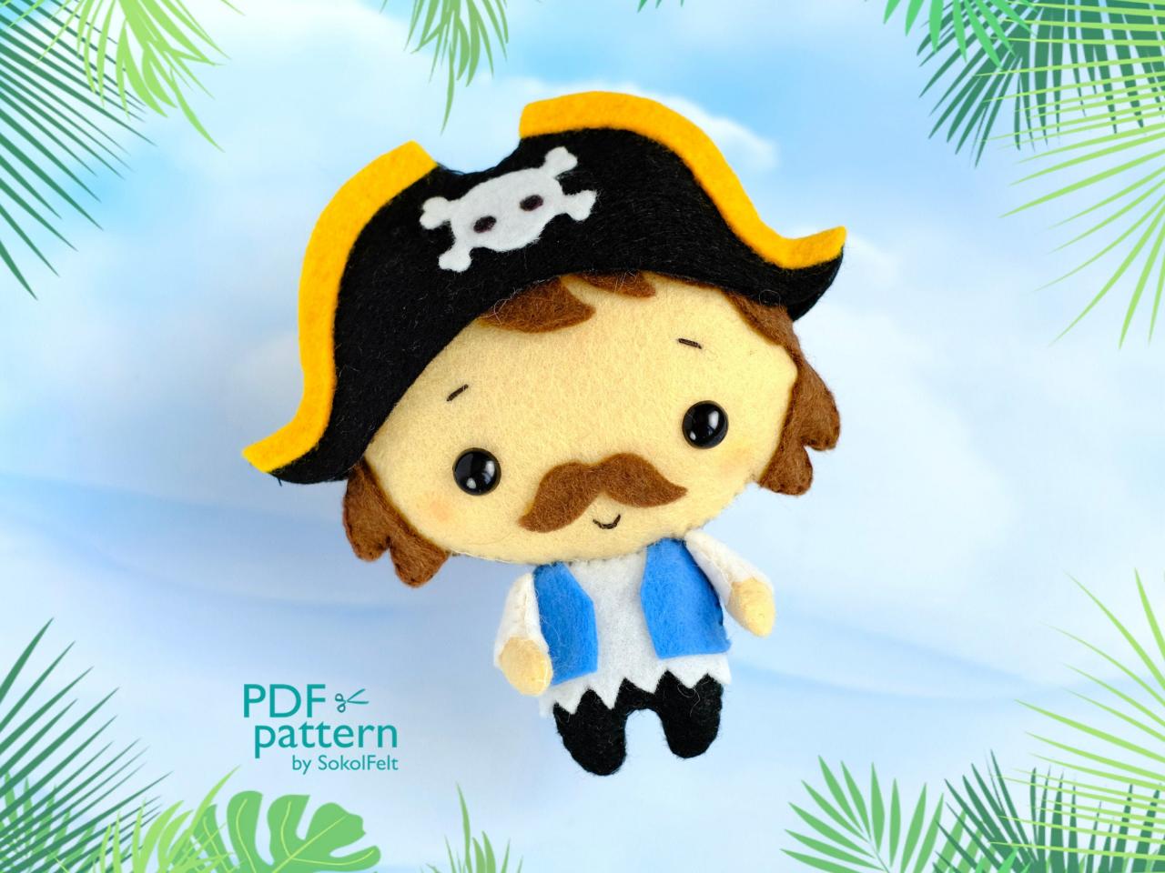 Pirate boy felt toy PDF and SVG patterns, Plush doll sewing PDF tutorial, baby crib mobile toy, Pirate banner