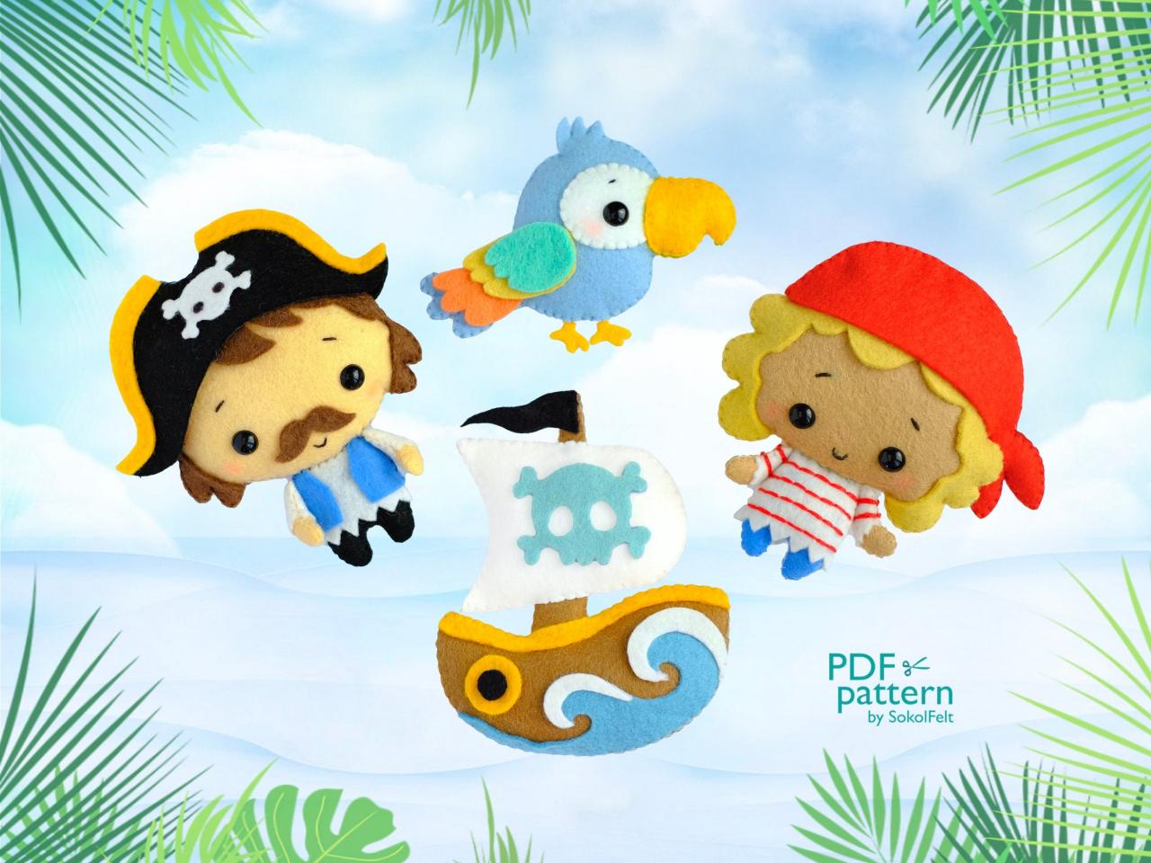 Cute Pirates, Parrot and Ship felt toy PDF and SVG patterns, Plush toy sewing PDF tutorial, baby crib mobile toy, Pirate banner