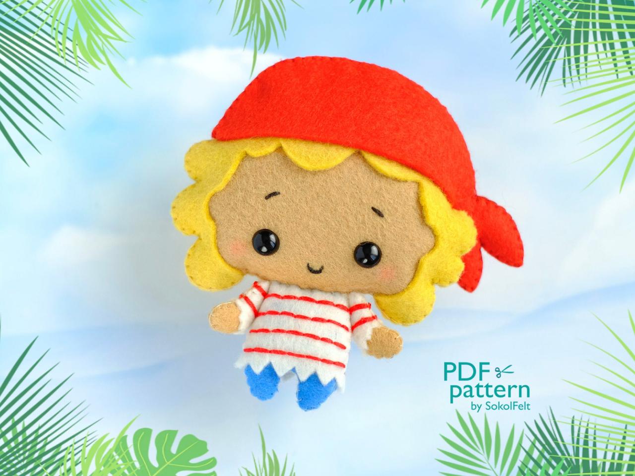 Pirate girl felt toy PDF and SVG patterns, Plush doll sewing PDF tutorial, baby crib mobile toy, Pirate banner